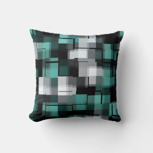 Trendy Teal Green Blue Black White Abstract Plaid Cushion