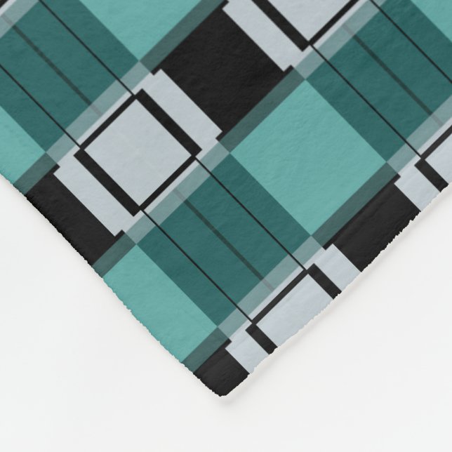 Trendy Teal Green Blue Black White Abstract Plaid Fleece Blanket (Corner)