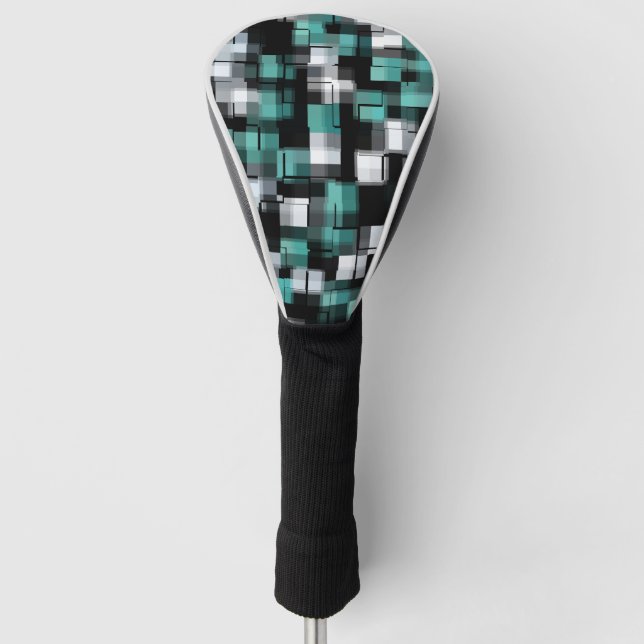 Trendy Teal Green Blue Black White Abstract Plaid Golf Head Cover (Front)