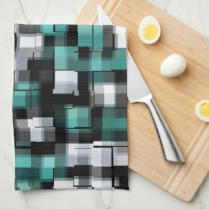 Trendy Teal Green Blue Black White Abstract Plaid Tea Towel