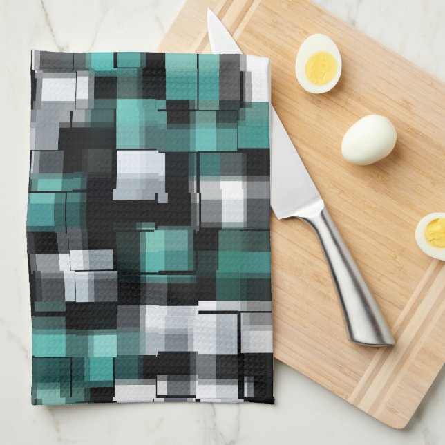 Trendy Teal Green Blue Black White Abstract Plaid Tea Towel (Quarter Fold)