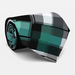 Trendy Teal Green Blue Black White Abstract Plaid Tie