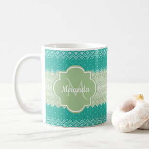 Trendy Teal Neo Mint Green Knit Pattern and Name Coffee Mug