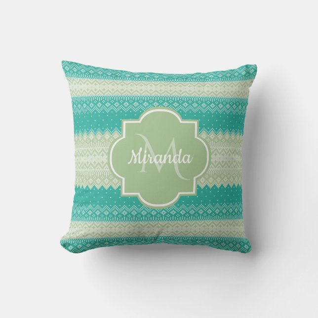 Trendy Teal Neo Mint Green Knit Pattern and Name Cushion (Front)