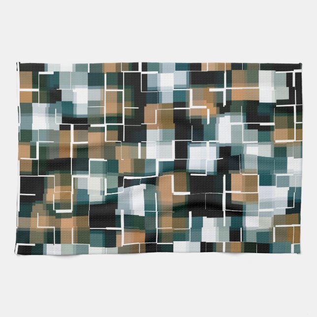 Trendy Teal Orange Brown Black White Plaid  Tea Towel (Horizontal)