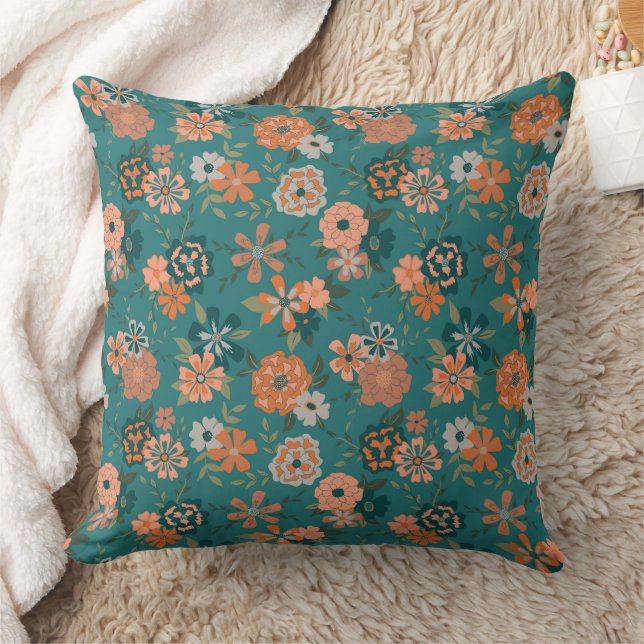 Trendy Teal Orange Flowers Cushion (Blanket)