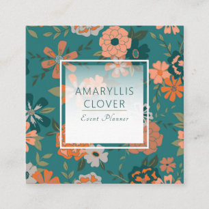 Trendy Teal Orange Patterned Vines And Flowers Square Business Card