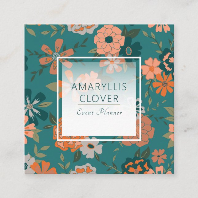 Trendy Teal Orange Patterned Vines And Flowers Square Business Card (Front)