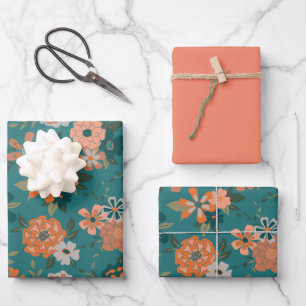 Trendy Teal Orange Patterned Vines Flowers Wrapping Paper Sheet