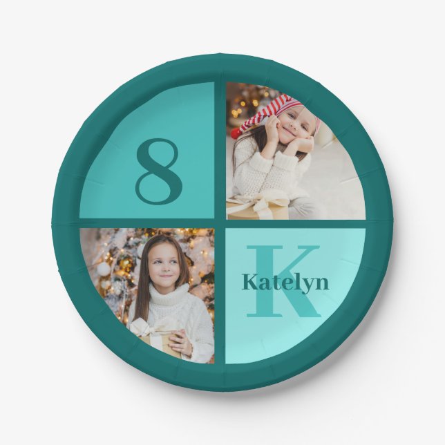 Trendy Teal Photo Collage Custom Birthday Party Paper Plate (Front)