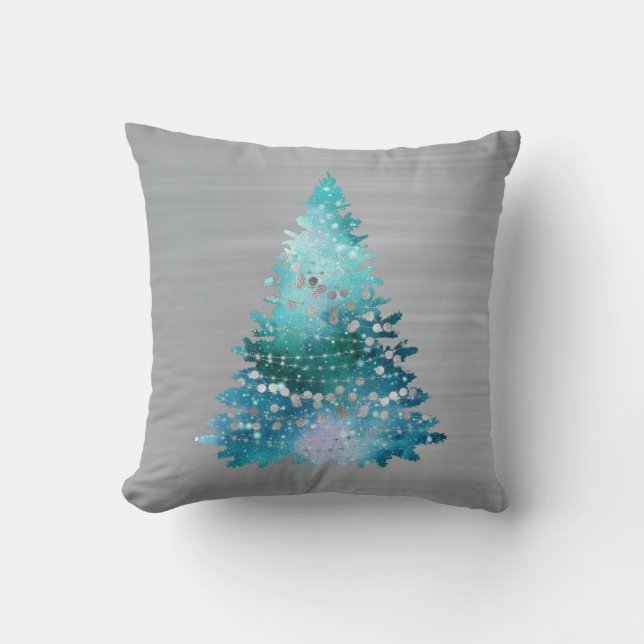 Trendy Teal Silver Glitter Tree Christmas Cushion (Front)