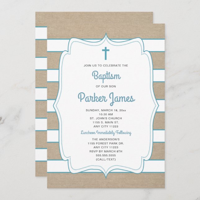 Trendy Teal + striped canvas Baptism invite (Front/Back)