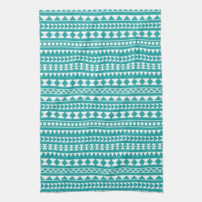 Trendy Teal Tribal Aztec Pattern Tea Towel (Vertical)