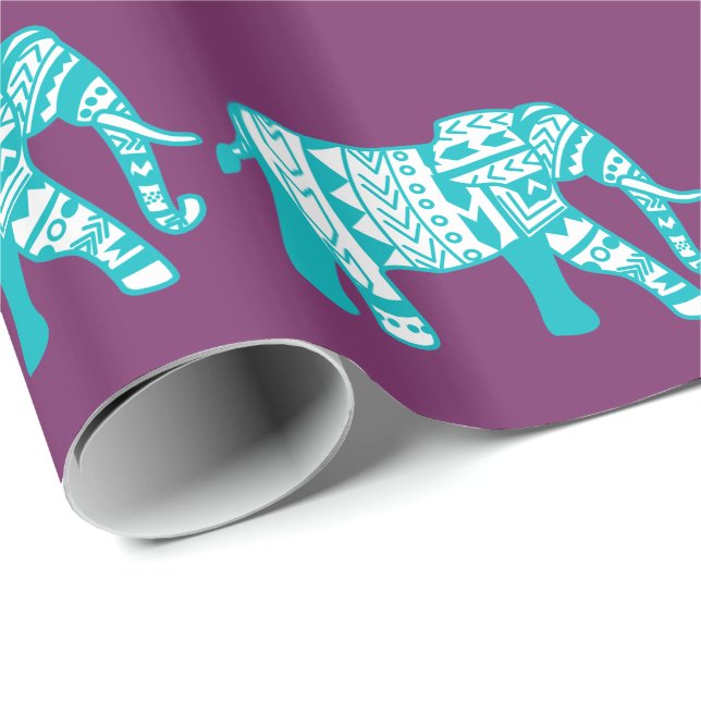 Trendy Teal Tribal Bohemian Elephant Wrapping Paper (Roll Corner)