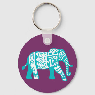 Trendy Teal Tribal Boho Elephant Key Ring