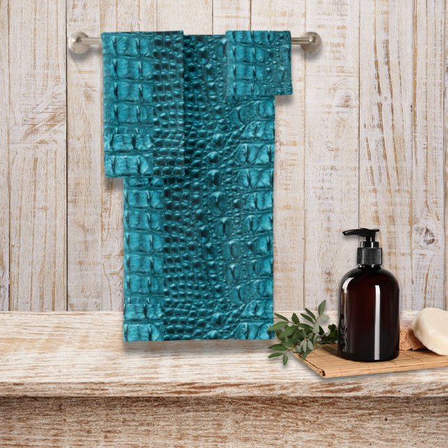 trendy teal turquoise aqua blue alligator print bath towel set (trendy teal turquoise aqua blue alligator print bath towel set)