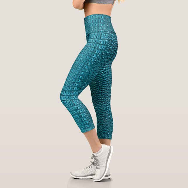 trendy teal turquoise aqua blue alligator print capri leggings (Left)