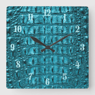 trendy teal turquoise aqua blue alligator print square wall clock