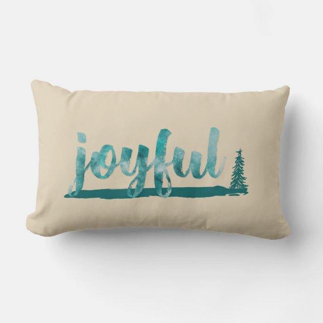 Trendy Teal Watercolor Joyful Brush Script Lumbar Cushion (Front)