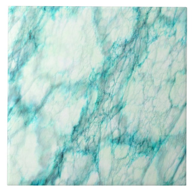 Trendy Teal White Marbling Pattern Ceramic Tile (Front)