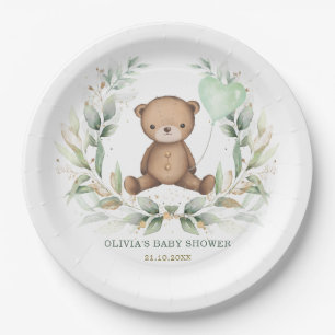 Trendy Teddy Bear Greenery Wreath Sage Balloon Paper Plate