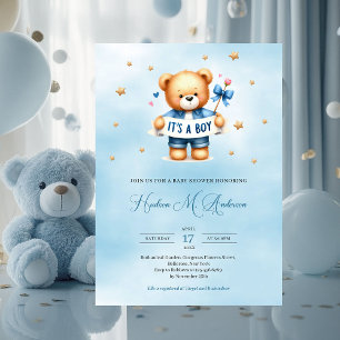 Trendy teddy bear it's a boy baby shower invitation