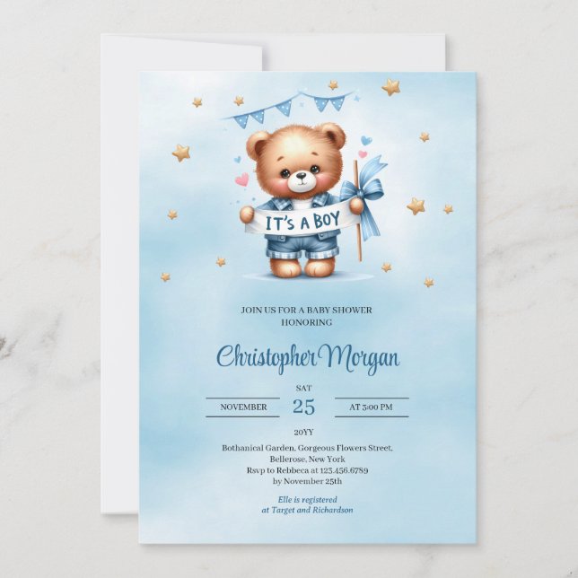 Trendy teddy bear it's a boy baby shower invitation (Front)