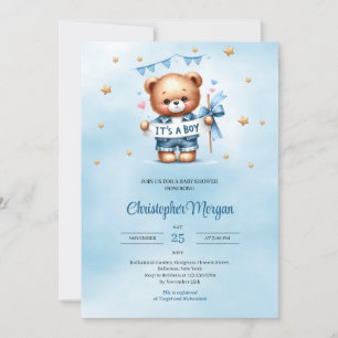 Trendy teddy bear it's a boy baby shower invitation