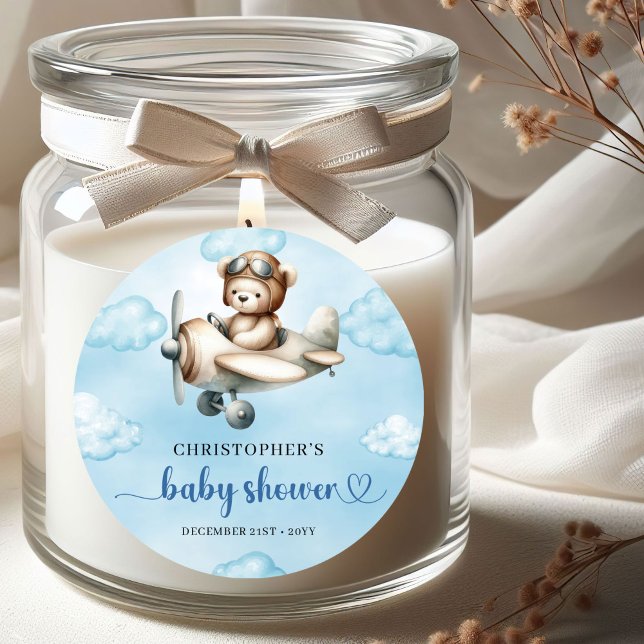 Trendy Teddy Bear Pilot Airplane Blue Brown Baby  Classic Round Sticker (Trendy Teddy Bear Pilot Airplane Blue Brown Baby Shower Sticker

)