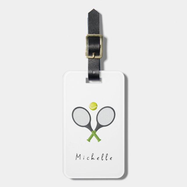 Trendy Tennis Racquet and Ball Personalised   Luggage Tag (Front Vertical)