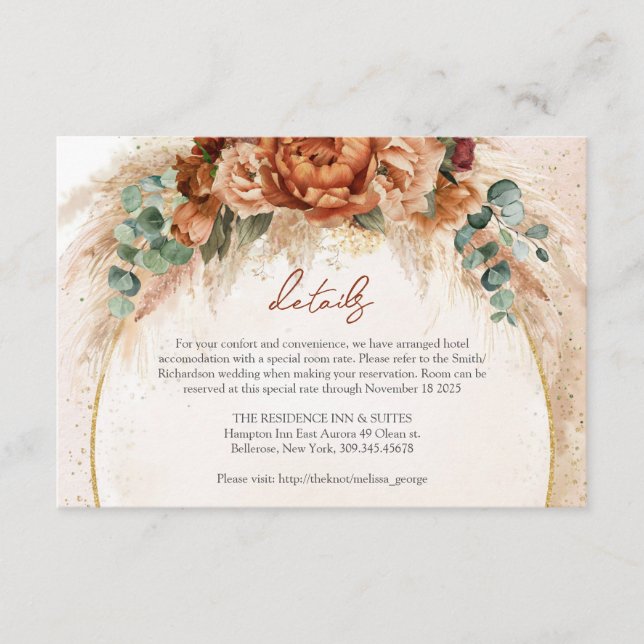 Trendy Terracotta burgundy flowers pampas details Enclosure Card (Front)