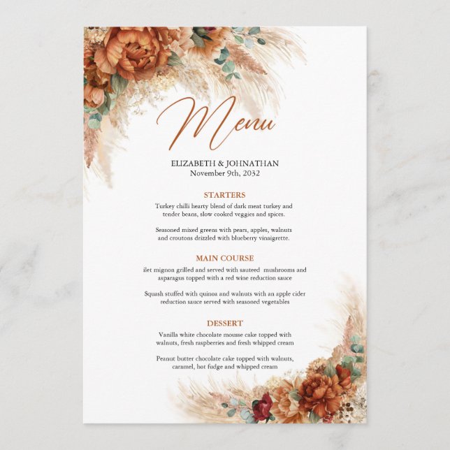 Trendy terracotta floral pampas grass eucalyptus menu (Front)