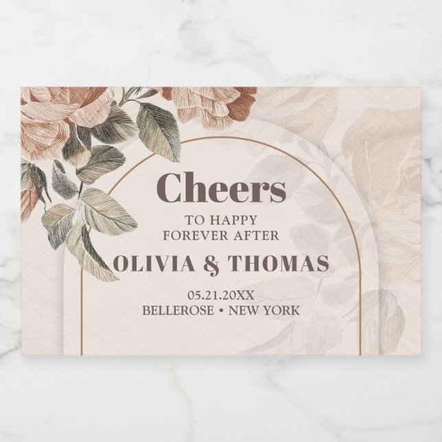 Trendy Terracotta flowers sage brown hues arch Sparkling Wine Label (Single Label)