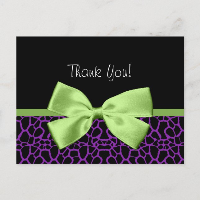 Trendy Thank You Purple Giraffe With Green Ribbon Postcard (Front)