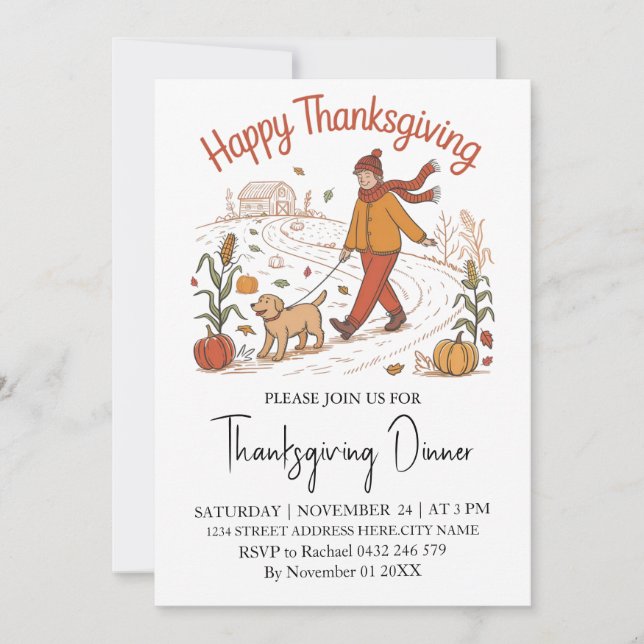 Trendy Thanksgiving Dinner Girl Dog Farm Pumpkin  Invitation (Front)