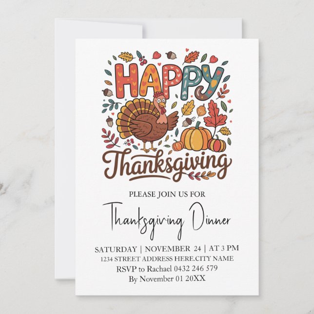 Trendy Thanksgiving Dinner Turkey Pumpkin          Invitation (Front)