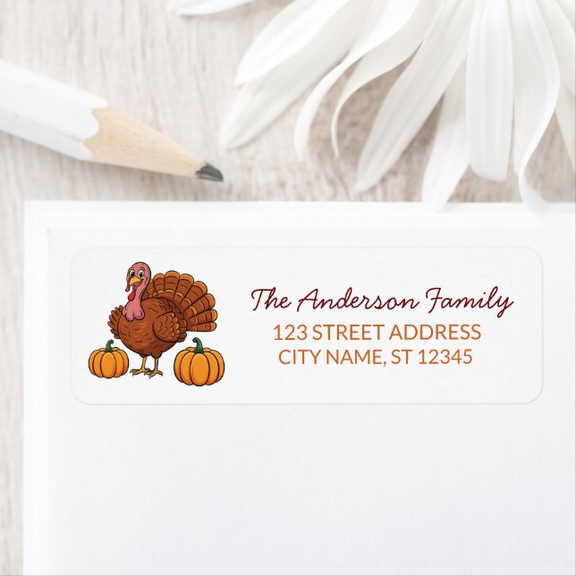 Trendy Thanksgiving Turkey Pumpkin Return Address  Label (Insitu)