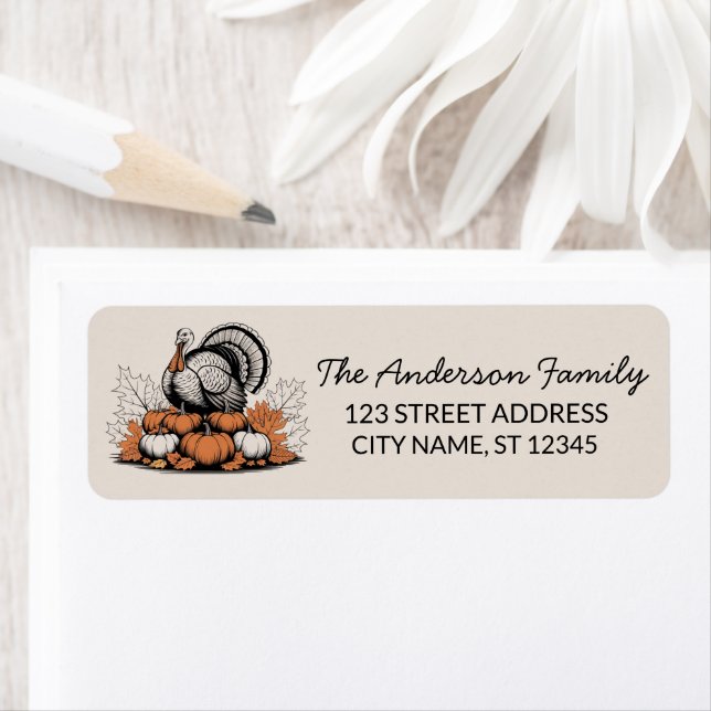 Trendy Thanksgiving Turkey Pumpkin Return Address  Label (Insitu)