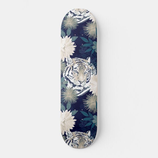 Trendy Tiger Animal Watercolor Floral Blue Design Skateboard (Front)