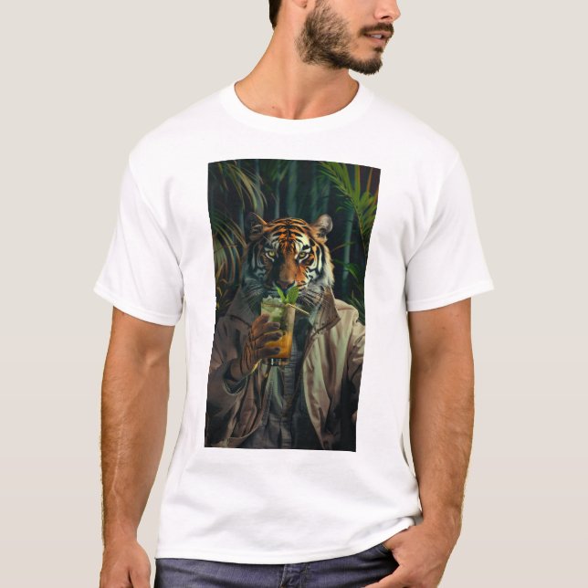 Trendy Tiger Drinking Coffee T-Shirt (Front)