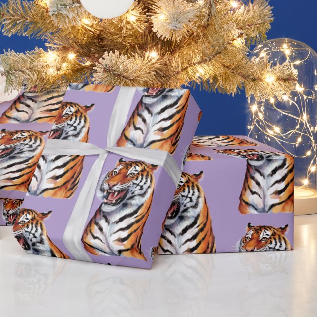 Trendy Tiger Head Purple Wrapping Paper (Holidays)