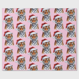 Trendy Tiger with Santa Hat Christmas pink Wrapping Paper