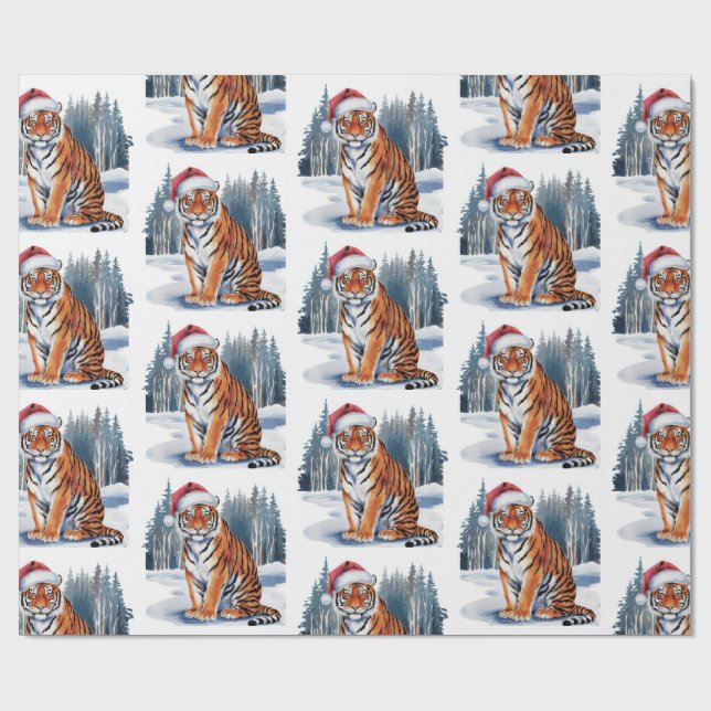 Trendy Tiger with Santa Hat Christmas Wrapping Paper (Flat)