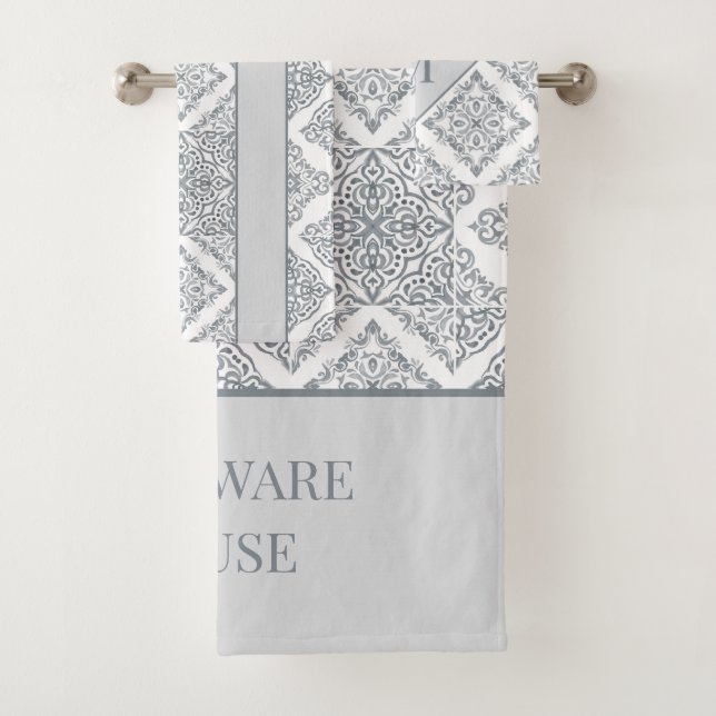 Trendy Tile Print Grey and White Personalised Bath Towel Set (Insitu)