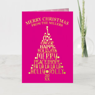 Trendy Tree Non-Photo Folded Hot Pink Gold Foil Holiday Card