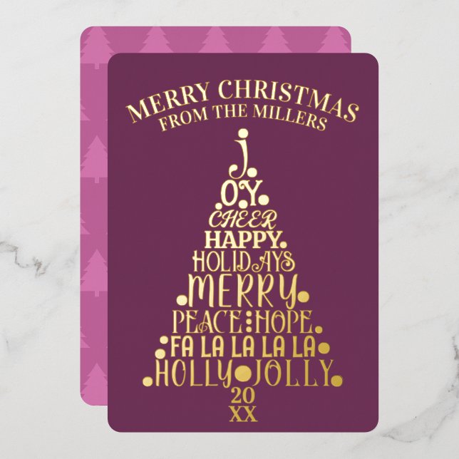 Trendy Tree Non-Photo Minimalist Plum Gold Foil Holiday Card (Front/Back)