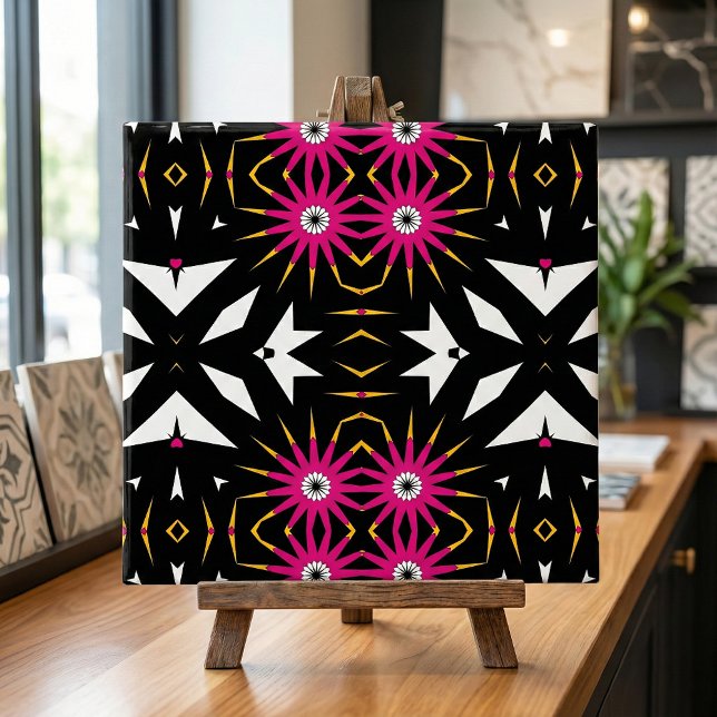Trendy Tribal Abstract Black & Pink Geometric Ceramic Tile (Creator Uploaded)