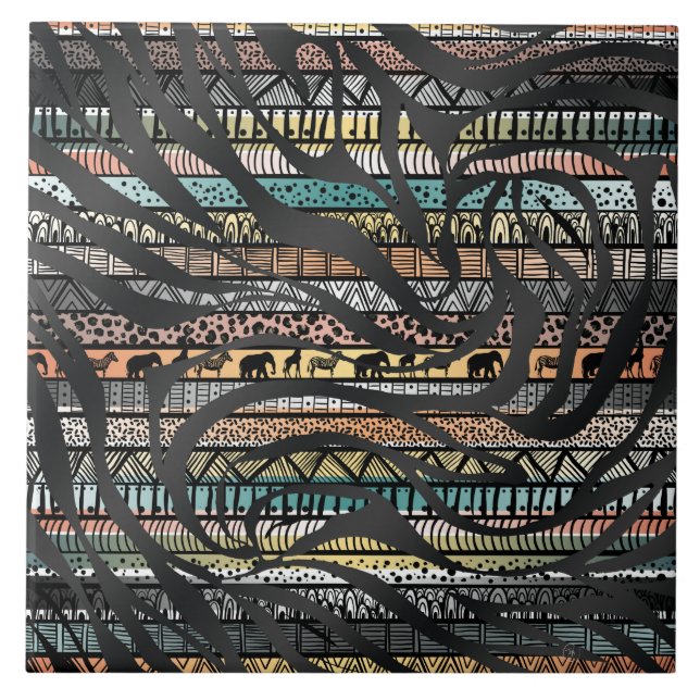 Trendy Tribal African Pattern Zebra Print Ceramic Tile (Front)