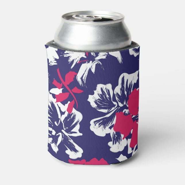 Trendy Tropical Abstract Blue Red Floral Pattern Can Cooler (Can Back)