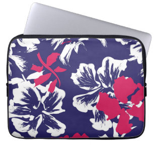 Trendy Tropical Abstract Blue Red Floral Pattern Laptop Sleeve